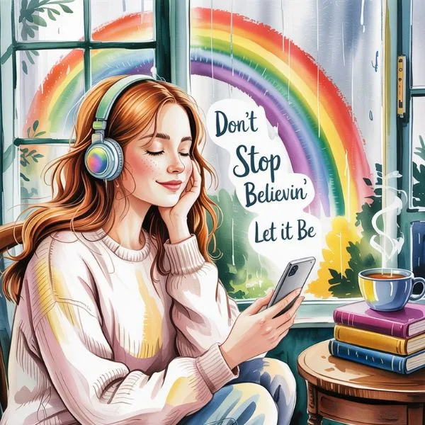 Illustration of a woman wearing headphones, smiling peacefully while listening to music, with a rainbow outside the window and uplifting song lyrics "Don't Stop Believin’, Let it Be" written on the glass—symbolizing emotional healing and positive mindset through music.