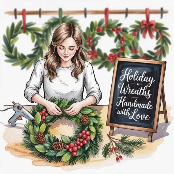 Woman making a Christmas wreath decorated with berries and pinecones, with a chalkboard sign reading "Holiday Wreaths Handmade with Love" — a cozy festive scene highlighting Christmas crafts to sell.