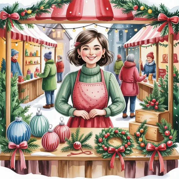 Watercolor illustration of a smiling woman in a Christmas market booth, selling handmade ornaments and wreaths—representing festive side hustles to earn extra income during the holiday season.