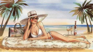 A stylish woman in a white bikini lounges on a plush beach mat under the shade of palm trees, enjoying a luxurious seaside escape. She wears a wide-brimmed sun hat and oversized sunglasses, exuding confidence and relaxation. A designer handbag rests beside her, while a bottle of wine and two glasses add to the scene of indulgence. The peaceful ocean waves and golden sunset in the background symbolize financial freedom and the joy of a stress-free, abundant life