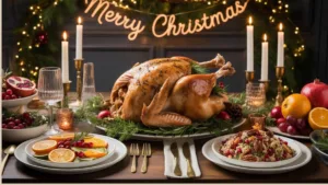 Elegant Christmas dinner table with a golden roast turkey centerpiece, surrounded by festive healthy dishes like citrus salad and cranberry quinoa, warm candlelight, and a Merry Christmas sign in the background.