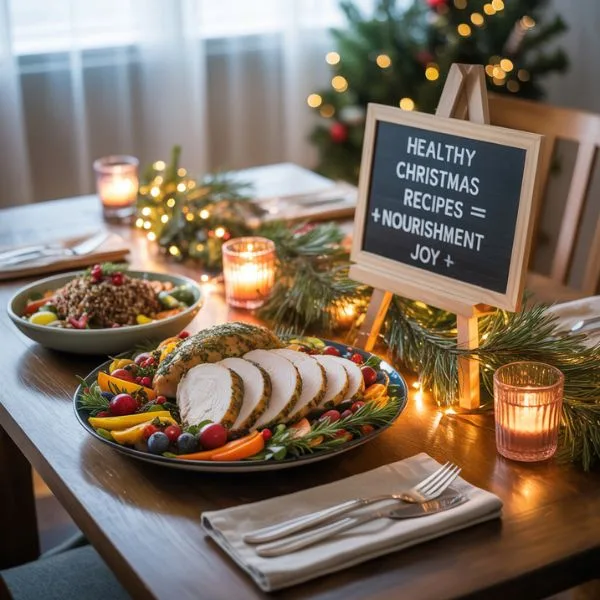 Festive holiday dinner table featuring a healthy Christmas meal with sliced turkey, fresh vegetables, and grains, with a chalkboard sign reading "Healthy Christmas Recipes = Nourishment + Joy" beside glowing candles and garland.