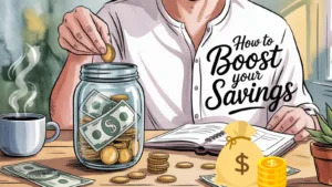 Illustration of a person saving money with a glass jar full of coins and bills, symbolizing how to boost your savings.