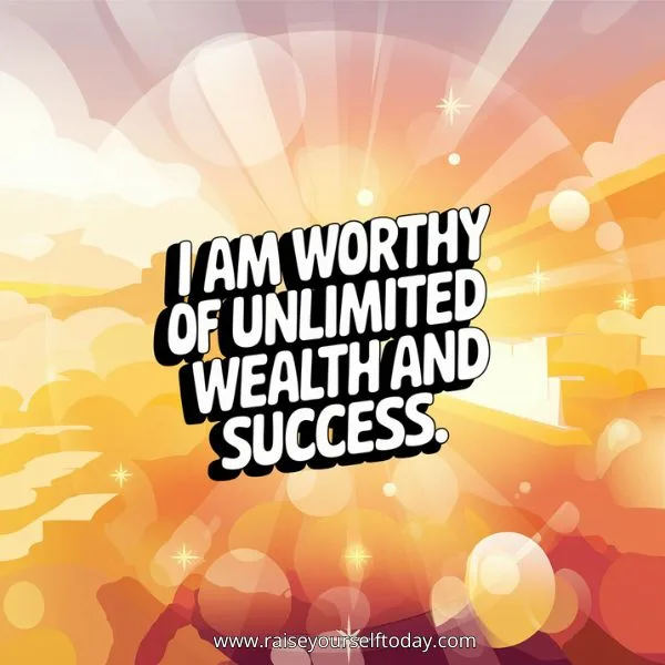 A golden-hour glow with soft-focus light flares, warm peach and sunset tones. Dreamy and uplifting, white with black shadow quirky overlay text " I am worthy of unlimited wealth and success."