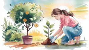 Illustration of a woman planting a small tree, symbolizing investment growth, with a mature tree beside her bearing money and coins, representing the power of compounding over time.