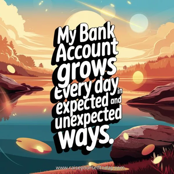 Golden-hour scene with soft peach and sunset tones, glowing light flares, and the affirmation overlay: “My bank account grows every day in expected and unexpected ways”—a dreamy, uplifting visual reflecting the abundance mindset.
