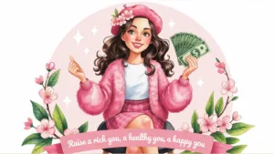 Cartoon-style image of a happy young woman in pink holding cash, framed by flowers and the words “Raise a rich you, a healthy you, a happy you”—representing a self-growth journey.