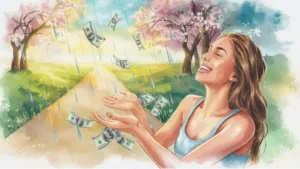 Joyful woman standing in a scenic outdoor setting with blooming trees, arms outstretched, as dollar bills rain down from the sky like raindrops. A symbolic representation of an abundance mindset and financial prosperity.