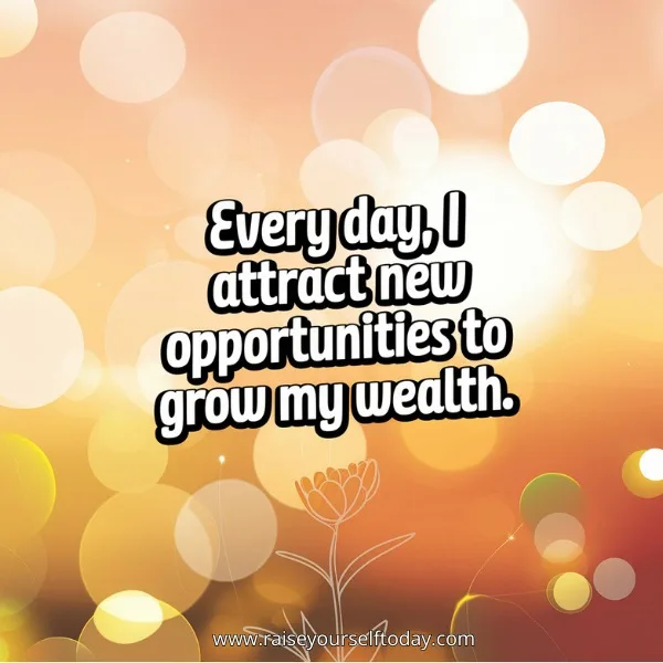 A golden-hour glow with soft-focus light flares, warm peach and sunset tones. Dreamy and uplifting, white with black shadow quirky overlay text " Every day, I attract new opportunities to grow my wealth."