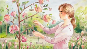 A woman in a garden, trimming a blooming tree labeled with words like 'Trust,' 'Respect,' 'Support,' 'Communication,' and 'Boundaries.' The scene symbolizes personal growth, nurturing friendships, and setting healthy boundaries to refresh relationships, aligning with the theme of 'Friendship Spring Cleaning.