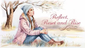 Young woman sitting on a winter landscape, dressed in a cozy pink coat and knit hat, gazing thoughtfully into the distance. The words 'Reflect, Reset, and Rise' elegantly displayed, symbolizing self-reflection, personal growth, and setting goals for the new year.
