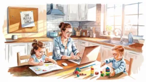 A stay-at-home mom working on her laptop in a bright, cozy kitchen while her two young children play nearby. One child is drawing in a coloring book, and the other is building with colorful blocks. A corkboard in the background displays a note that says 'Side Hustle Goals,' symbolizing work-life balance and entrepreneurship for moms in 2025.