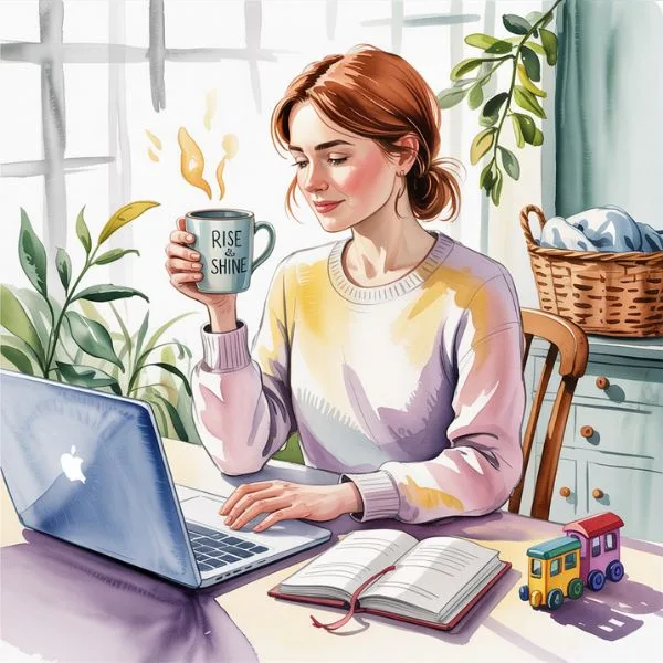 Watercolor illustration capturing how to work productively while juggling daily responsibilities:  a woman working from home with a laptop, planner, and coffee mug that says "Rise & Shine." A laundry basket and toddler toy in the background reflect real-life multitasking—capturing how to work productively while juggling daily responsibilities.