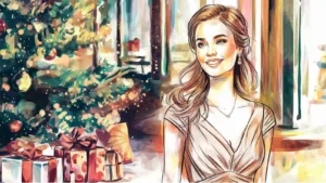 Elegant woman in a festive dress smiling confidently, standing near a beautifully decorated Christmas tree with glowing lights and wrapped gifts. A stylish holiday fashion scene capturing the spirit of Christmas glamour and confidence.