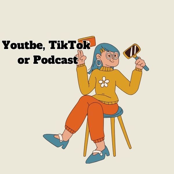 Illustrated character in yellow sweater creating content for YouTube, TikTok, or podcasts, sitting on a stool with recording equipment