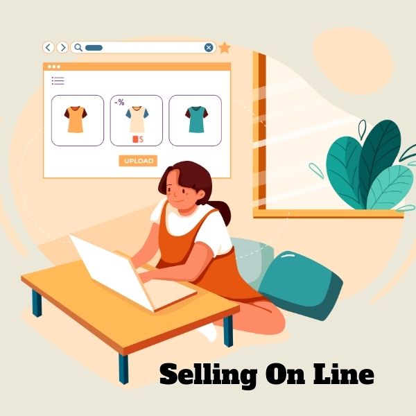 Illustration of a woman sitting at a desk managing an online store, with a laptop showing clothing items for sale and an upload button