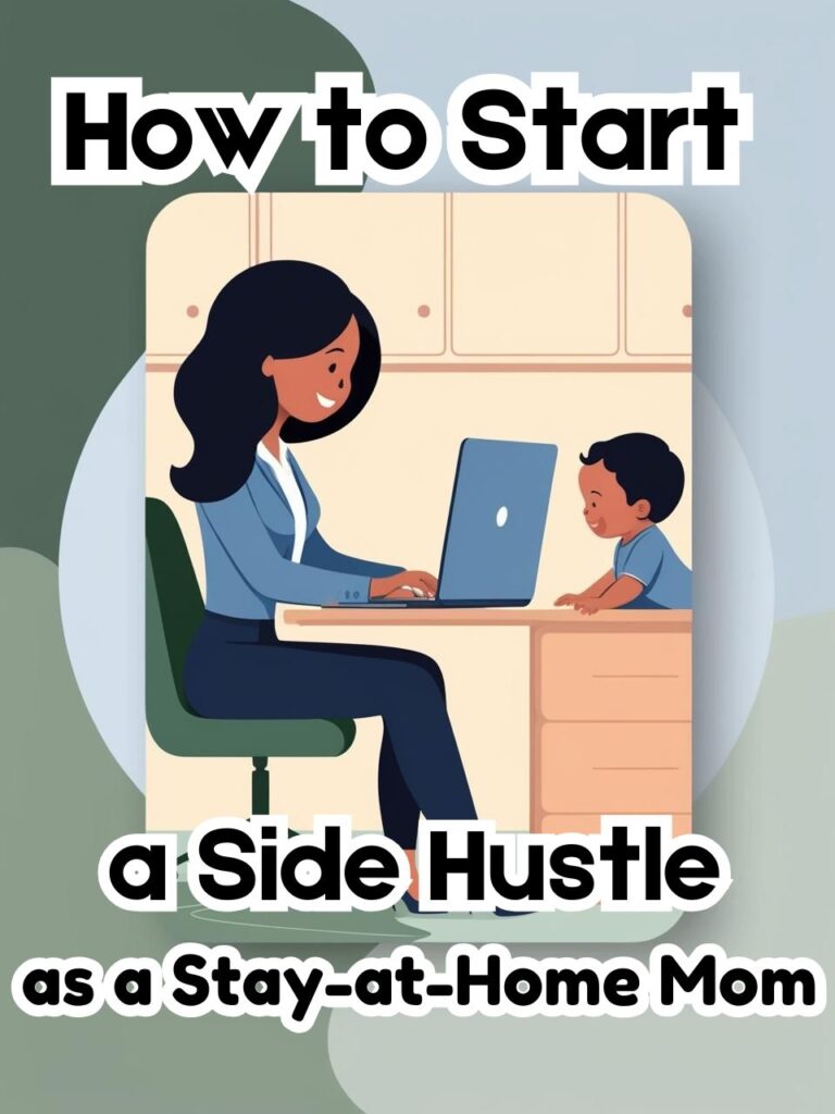 Illustration of a stay-at-home mom in business attire working at a desk with a curious child nearby—capturing the balance and empowerment of a side hustle for stay-at-home moms.