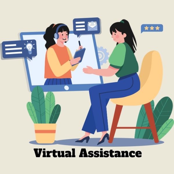Illustration of a virtual meeting between two women, one wearing headphones providing virtual assistance services with chat bubbles and icons