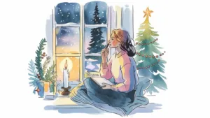 A woman sits by a cozy winter window, journaling her thoughts for year-end reflection. Surrounded by a glowing candle, festive Christmas decorations, and a beautifully lit tree, she contemplates her goals for a brighter and more fulfilling new year.