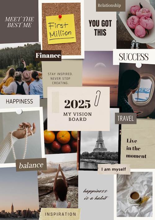 A 2025 vision board collage filled with goals for success, finance, travel, relationships, happiness, and balance—illustrating how to make a vision board that works using inspirational quotes and lifestyle imagery.