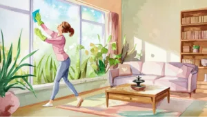 A woman joyfully deep cleaning a bright and airy living room, wiping large windows as sunlight streams in. Surrounded by lush green plants and an organized, cozy space, the scene reflects the benefits of spring cleaning and Feng Shui for a refreshed and harmonious home