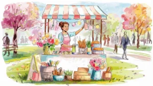 A cheerful woman running a vibrant spring market stall in a park, selling fresh flowers, handmade crafts, and baked goods. The lively outdoor setting with blooming trees and passing shoppers represents seasonal side hustle opportunities and leveraging spring trends for extra income.