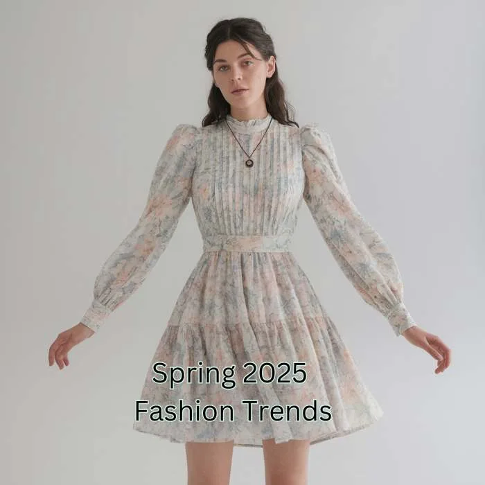 A woman in a vintage-inspired floral dress with long sleeves, embodying the Boho chic aesthetic of Spring 2025.