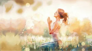 A serene woman kneeling in a sunlit field, eyes closed, hands in a prayer position, embracing gratitude and mindfulness. The soft golden hues and watercolor effect symbolize peace, positivity, and a mindset transformation through gratitude practice.