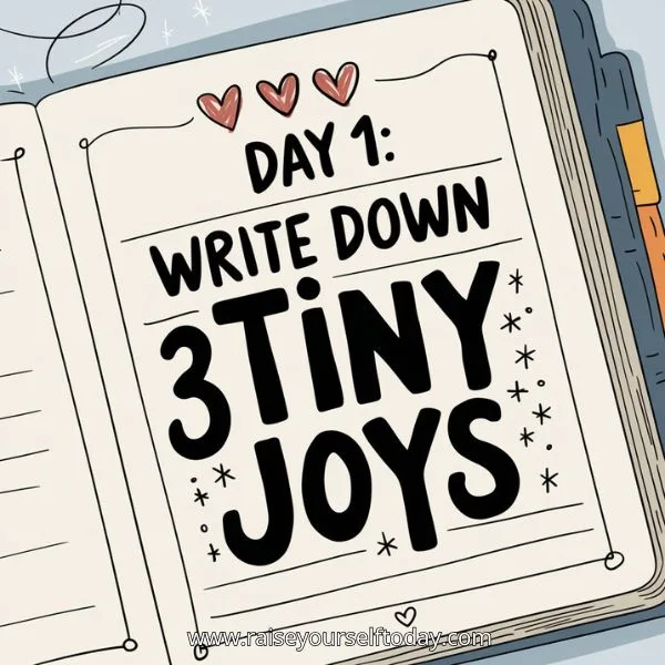 Day 1 of Gratitude Challenge: Write down 3 tiny joys in a notebook with hearts and sparkles.
