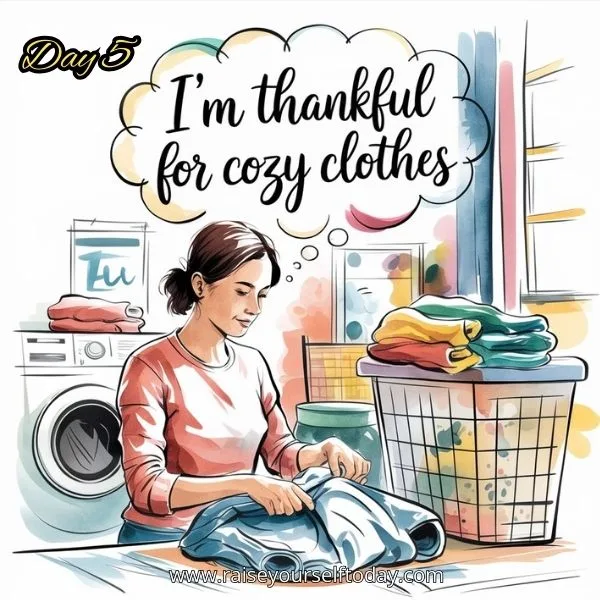 Day 5 of Gratitude Challenge: A woman folding laundry, expressing thankfulness for cozy clothes.