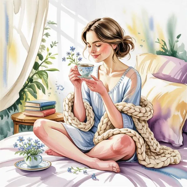 A young woman sitting peacefully on her bed in morning light, wrapped in a cozy blanket and sipping tea—celebrating self-love and finding love within on Valentine’s Day.