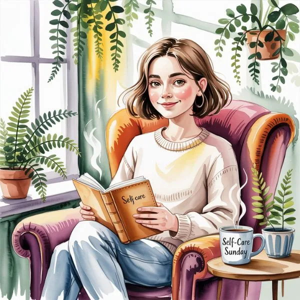 A young woman practicing real self-care habits, reading a book in a cozy chair with a “Self-Care Sunday” mug, surrounded by houseplants and natural light.