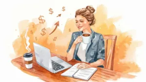 A watercolor illustration of a smiling woman working on a laptop at a cozy desk, with financial growth symbols like dollar signs and an upward arrow in the background, representing success in doing Side Hustles to Earn $1000 a Month.