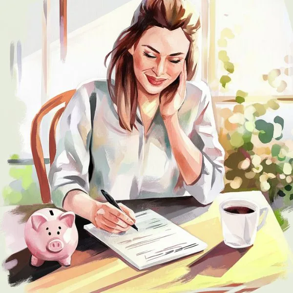 A watercolor illustration of a smiling woman sitting at a desk, writing financial goals on paper with a pen. A piggy bank, coffee cup, and warm sunlight create a cozy atmosphere, symbolizing financial planning  success in doing side hustle to earn $1000 a Month