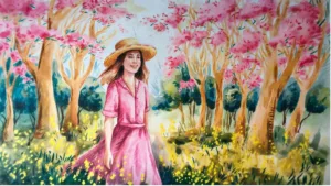 A woman walking peacefully through a blooming spring forest, embracing nature and joy as part of her real self-care habits — calm, grounded, and radiant.