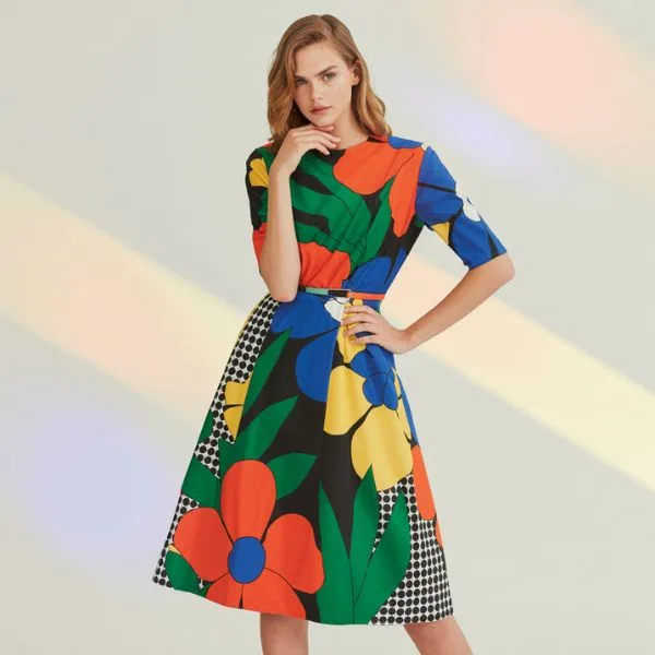 Bright and colorful abstract floral dress – statement spring floral outfit for bold style.