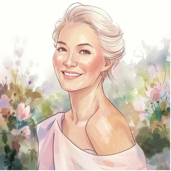 A serene watercolor portrait of a woman smiling confidently, symbolizing the benefits of self-care and a well-curated skincare routine enhanced by AI skincare advice.
