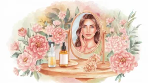 A beautiful watercolor illustration of a woman with radiant, healthy skin, surrounded by soft floral elements, symbolizing AI-powered skincare and self-care.