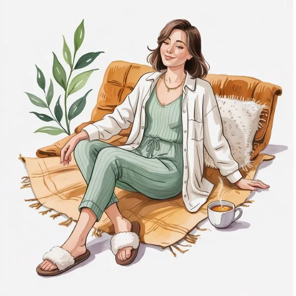 Woman relaxing at home in a green bamboo knit jumpsuit with an oversized linen shirt and cozy indoor slippers, holding a warm cup of tea—spring loungewear in mindful fashion.
