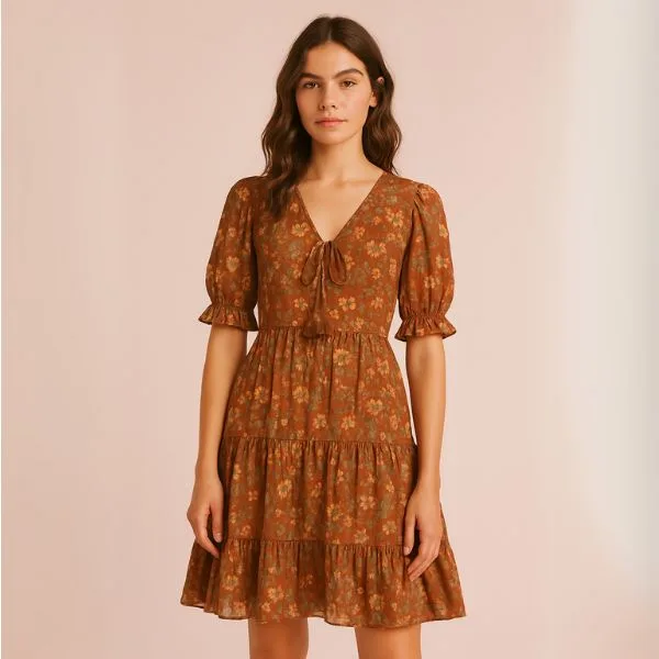 Earth-toned boho floral dress with puff sleeves and tiered skirt – relaxed spring floral dress.