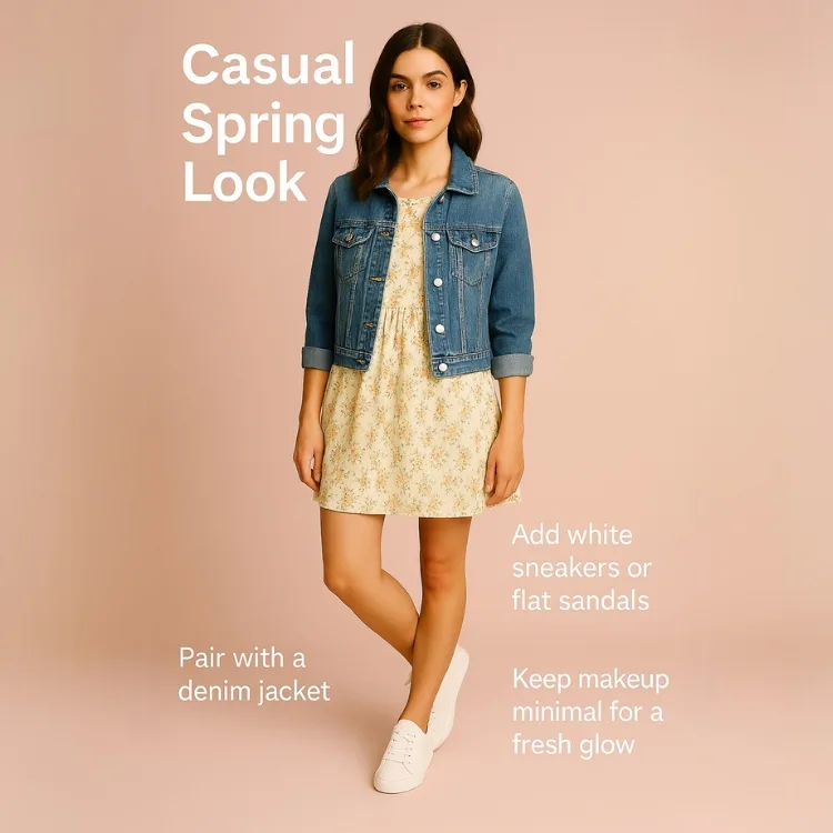 Young woman in a casual spring floral dress outfit with white sneakers and a denim jacket, styled for a relaxed and fresh everyday look.