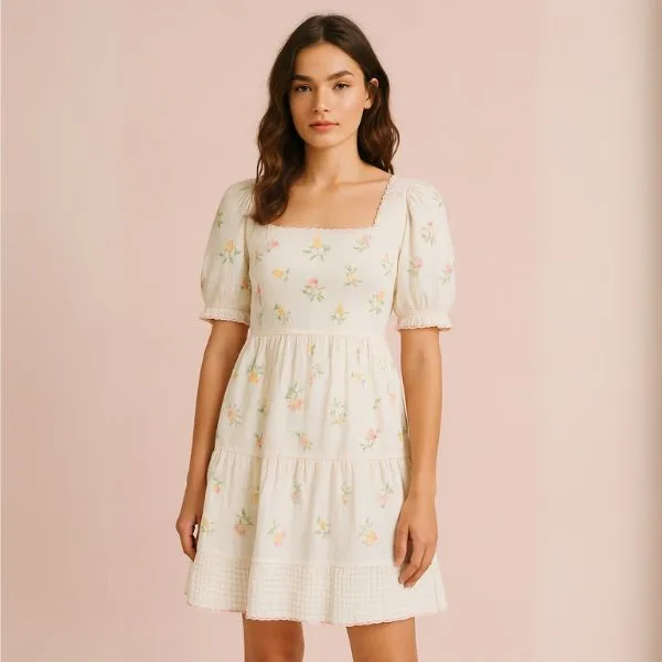 Cream puff-sleeve floral dress with pastel flowers – a dreamy cottagecore spring floral dress.