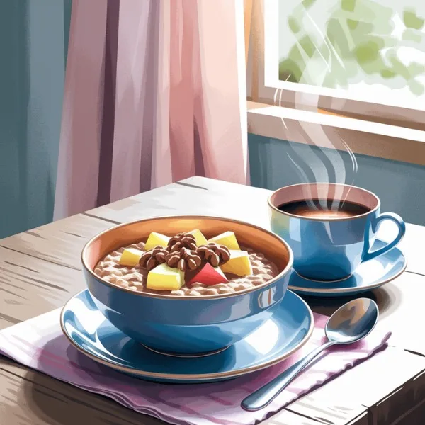 A warm bowl of porridge topped with walnuts and fruit, served with a steaming cup of coffee by the window—symbolizing the simplicity and comfort made possible by AI meal planning.