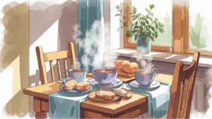 A cozy dining table set with steaming bowls of soup, fresh bread, and herbal decor by the window.