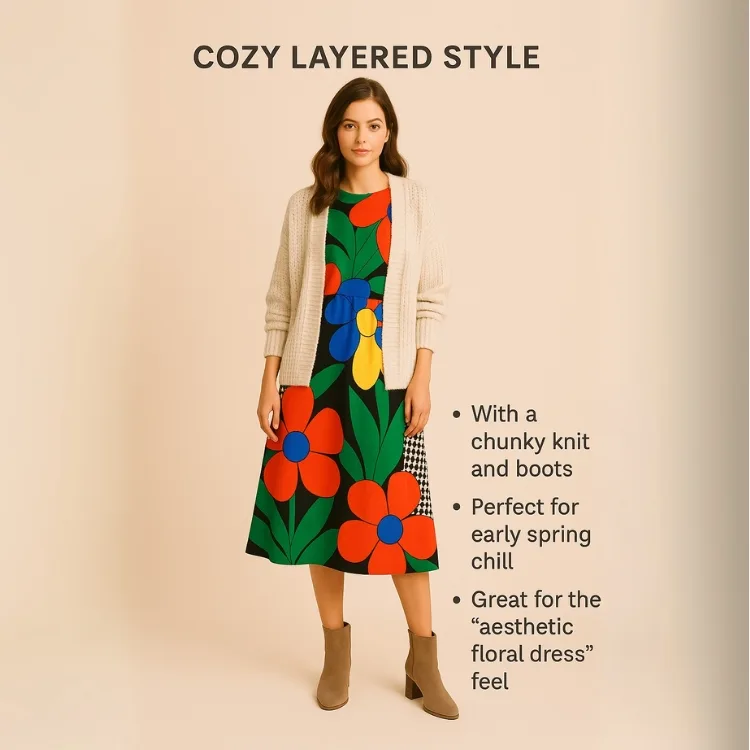 Woman in a bold abstract spring floral dress layered with a chunky knit cardigan and ankle boots, styled for a cozy early spring day.