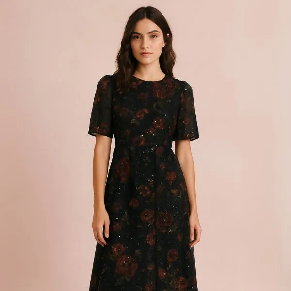 Dark floral midi dress with subtle embroidery – elegant spring floral dress for evening wear.