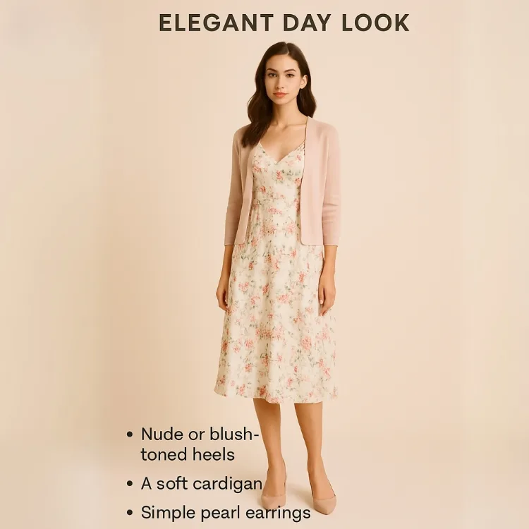 woman wearing an elegant spring floral dress paired with a blush-toned cardigan and nude heels, accessorized with simple pearl earrings