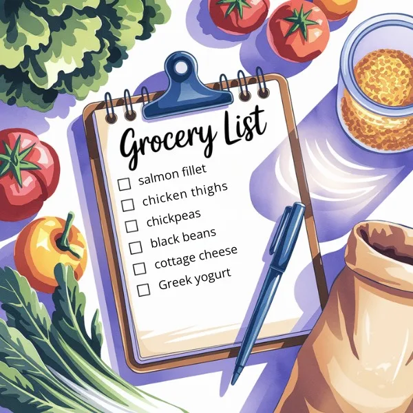A handwritten grocery list on a clipboard with fresh vegetables and pantry essentials in the background.