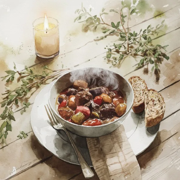 A steaming bowl of beef stew with vegetables, served with rustic bread and a candlelit setting for a cozy meal.