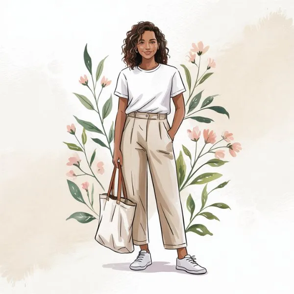 Woman wearing an organic cotton white tee and beige linen trousers with sustainable white sneakers and a canvas tote, standing in front of soft floral watercolor background.